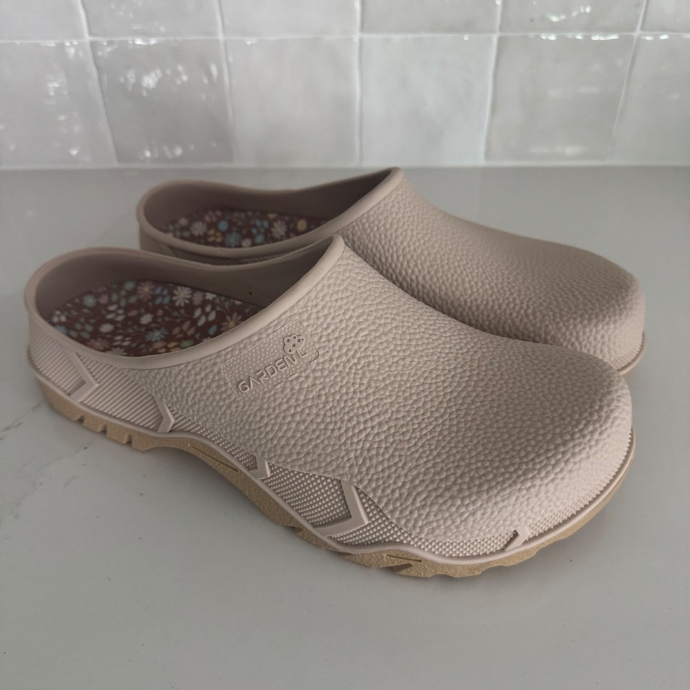 Gardenline Floral Garden Clogs Women 9/10 Taupe Waterproof Slip On Mules NEW